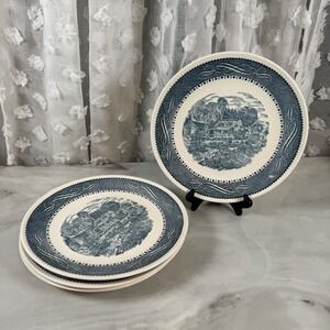 TST Taylor Ironstone Currier Ives Blue Transferware Dinner Plates Set of 4